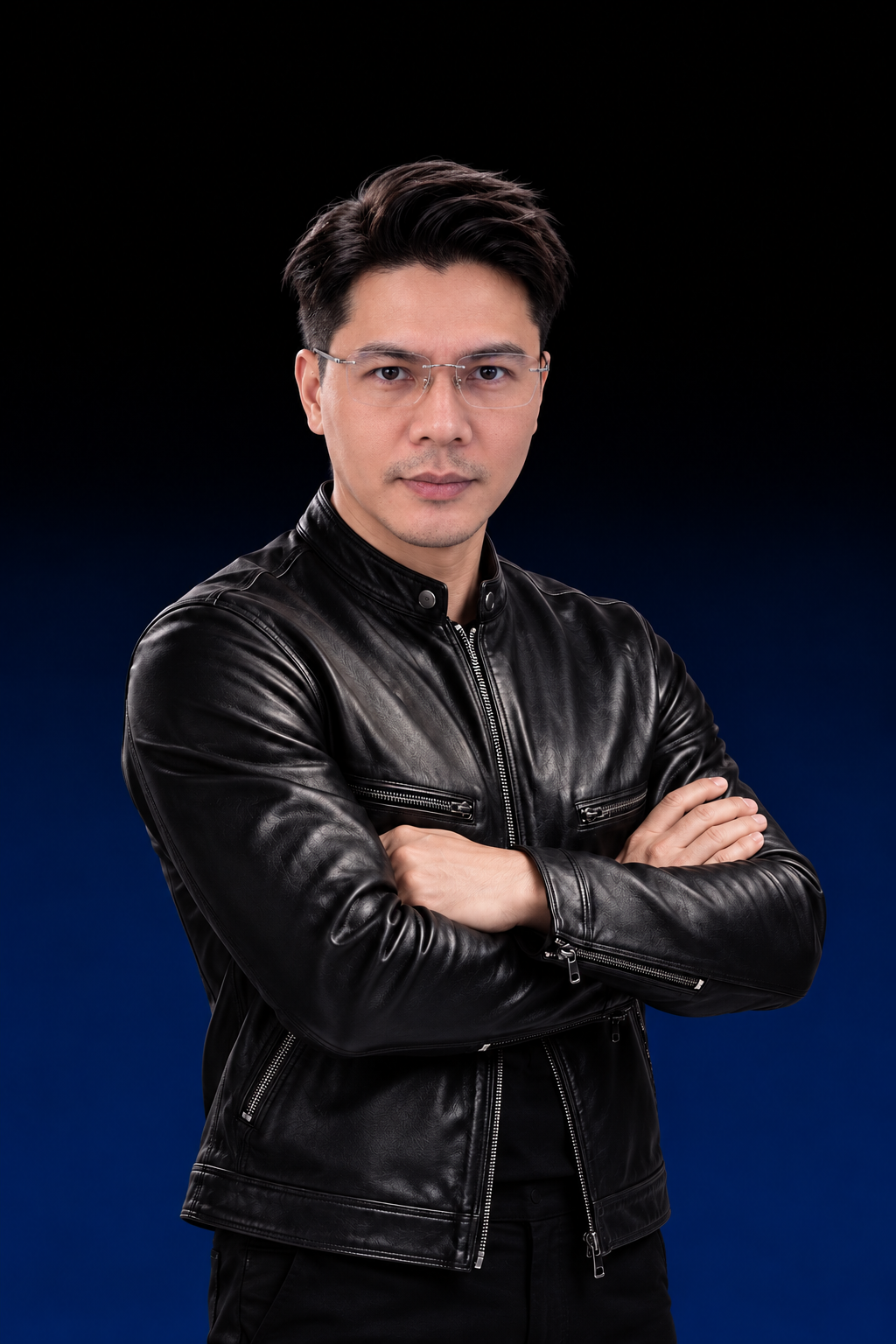 Ezran wearing glasses and a black leather jacket against a black-to-deep-navy gradient background